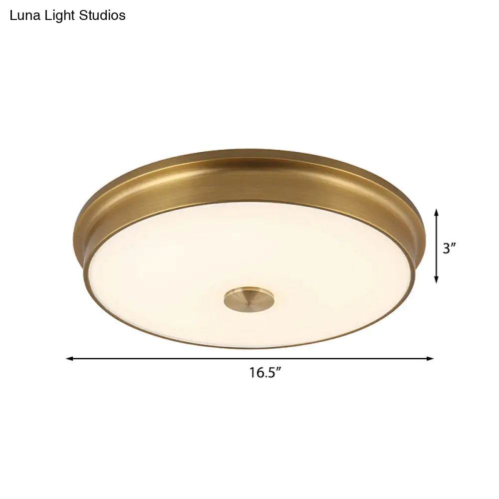 Led Drum Flush Mount Lighting White Glass Ceiling Fixture For Living Room In Warm/White Light