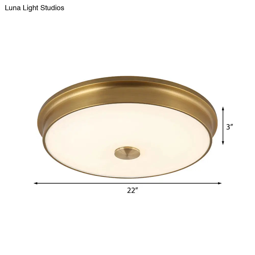 Led Drum Flush Mount Lighting White Glass Ceiling Fixture For Living Room In Warm/White Light