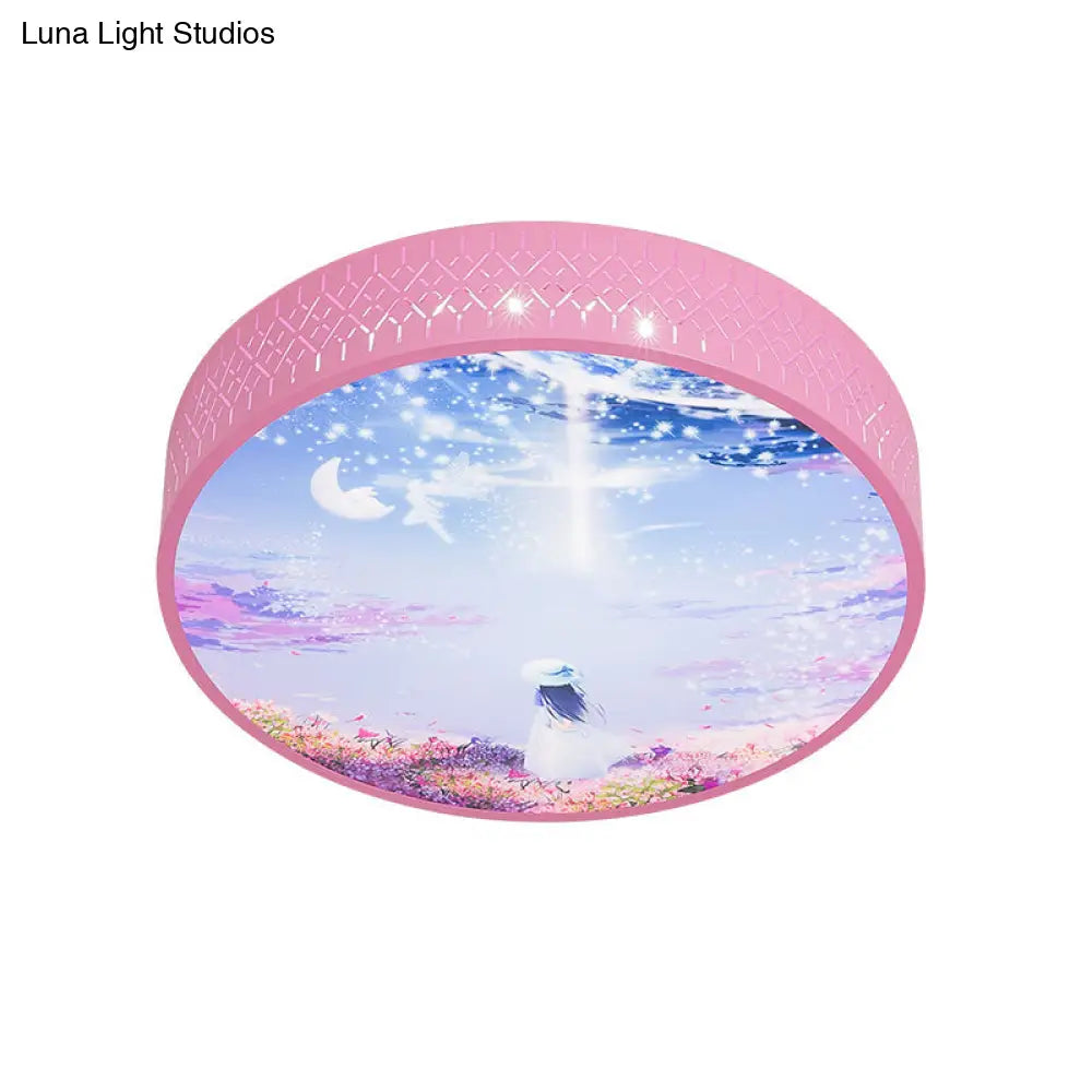 Led Flush-Mount Ceiling Light: Pink Girl Under Starry Sky Design With Acrylic Shade And Laser Cut