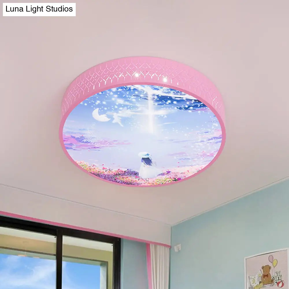 Led Flush-Mount Ceiling Light: Pink Girl Under Starry Sky Design With Acrylic Shade And Laser Cut