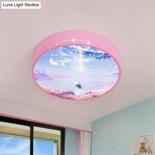 Led Flush-Mount Ceiling Light: Pink Girl Under Starry Sky Design With Acrylic Shade And Laser Cut