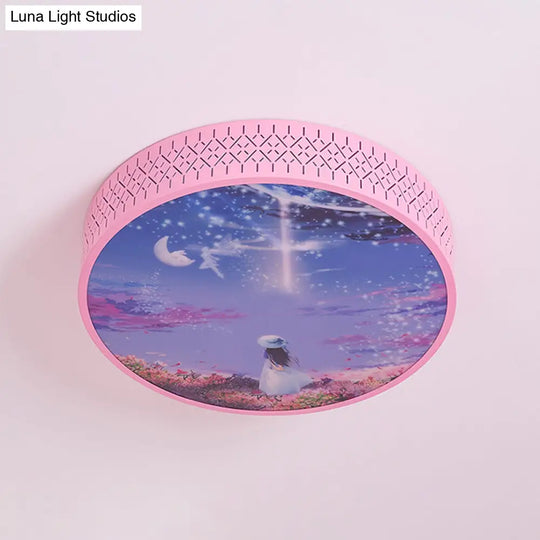 Led Flush - Mount Ceiling Light: Pink Girl Under Starry Sky Design With Acrylic Shade And Laser Cut