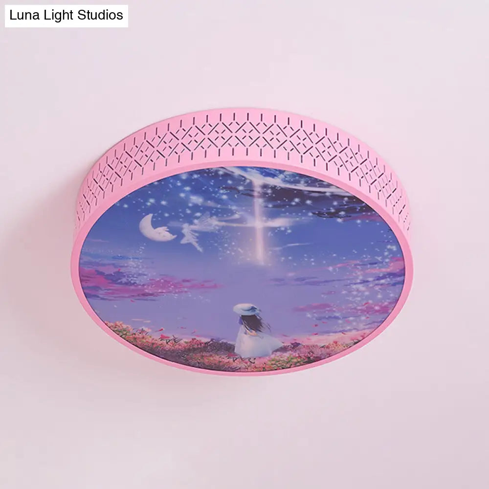 Led Flush-Mount Ceiling Light: Pink Girl Under Starry Sky Design With Acrylic Shade And Laser Cut