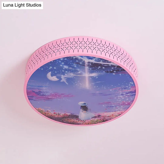 Led Flush-Mount Ceiling Light: Pink Girl Under Starry Sky Design With Acrylic Shade And Laser Cut
