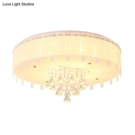 Led Flush Mount Ceiling Light With Crystal Drop And White Glass Shade - Simple Style