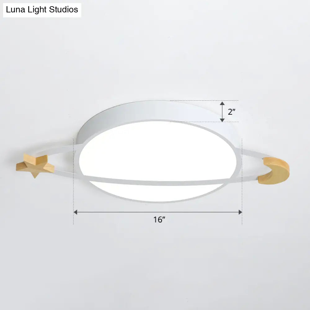 Led Flushmount Light: Ringed Planet Children’s Ceiling Fixture With Wooden Moon And Star Accents