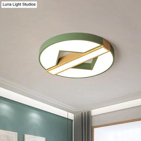 Led Macaron Green/Grey - Wood Bedroom Ceiling Light - 16.5’/20.5’ Flushmount With Round Acrylic