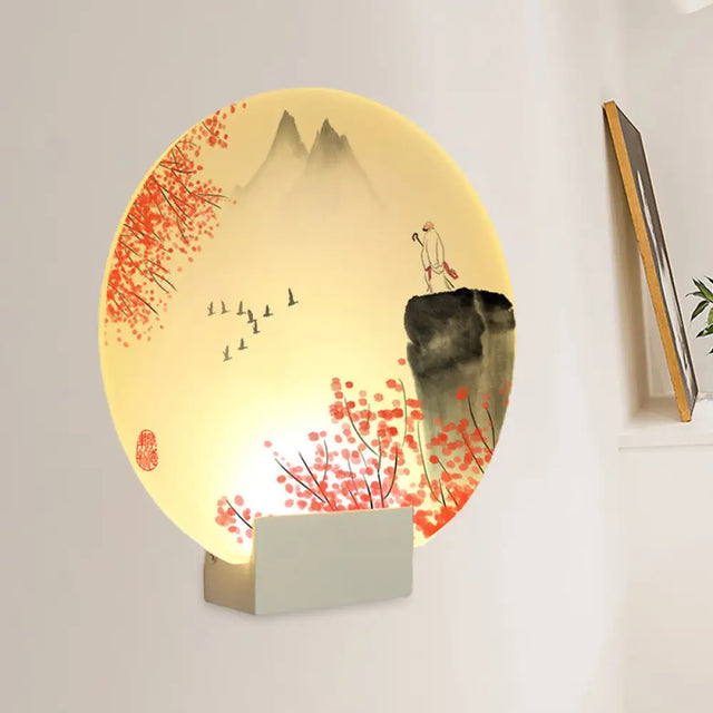 Led Oriental Style Wall Lamp With White Acrylic Shade - Mountain And Flower Design