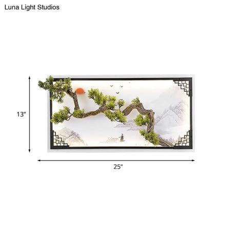 Led Pine Branch Wall Lamp - Iron Asian Living Room Sconce Lighting In White-Green
