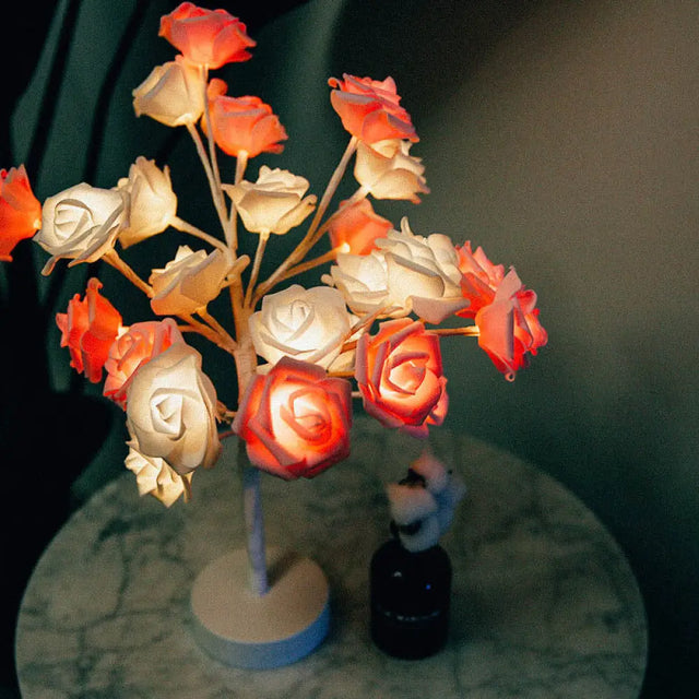 Led Rose Tree Table Lamp With Usb Charging & Artistic Design Pink-White / Rechargeable
