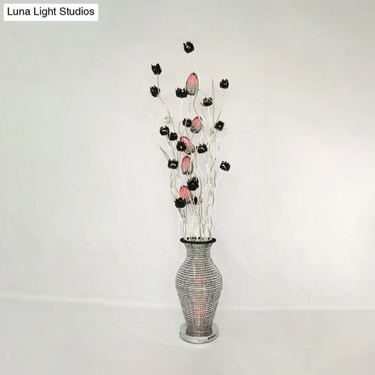 Led Standing Lamp With Art Decor Cutout Vase & Floret Design In Black