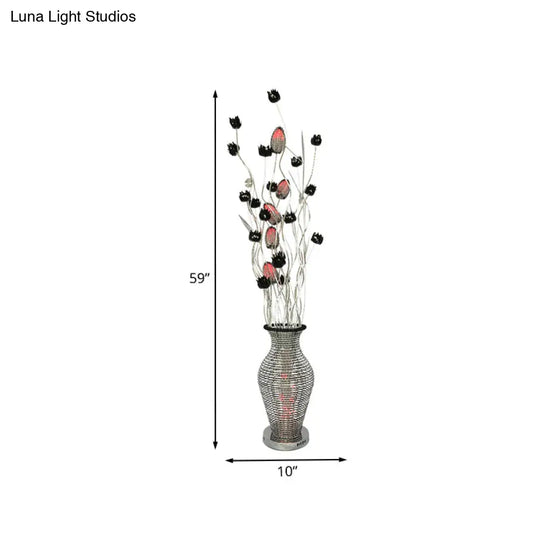 Led Standing Lamp With Art Decor Cutout Vase & Floret Design In Black