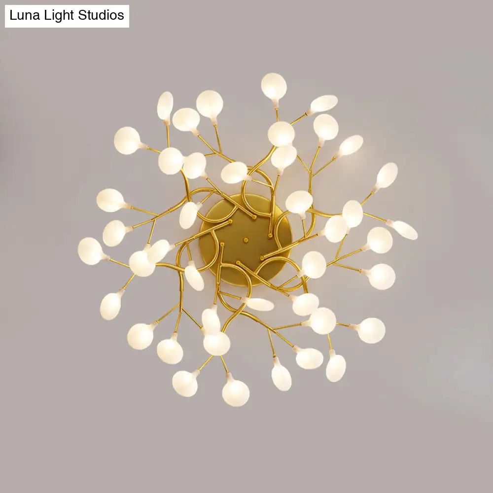 Led Tree Branch Semi Flush Chandelier Light For Living Room With Firefly Shade - Modern Metallic