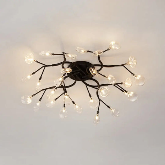 Led Tree Branch Semi Flush Chandelier Light For Living Room With Firefly Shade - Modern Metallic
