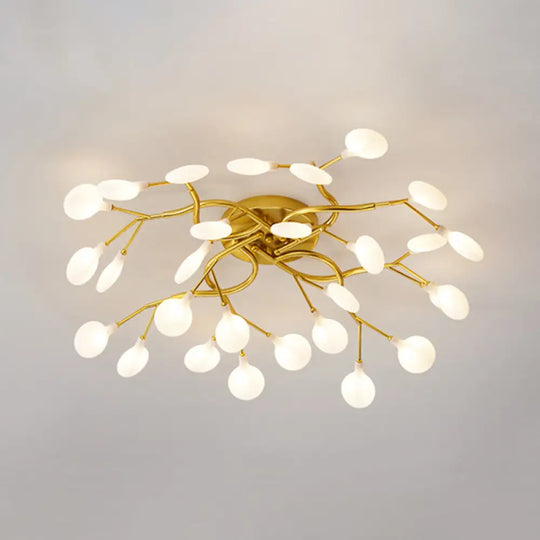 Led Tree Branch Semi Flush Chandelier Light For Living Room With Firefly Shade - Modern Metallic