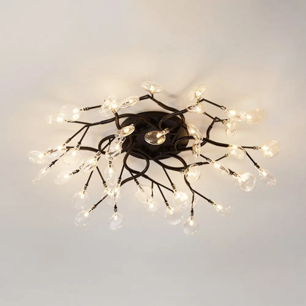 Led Tree Branch Semi Flush Chandelier Light For Living Room With Firefly Shade - Modern Metallic