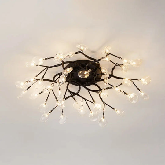 Led Tree Branch Semi Flush Chandelier Light For Living Room With Firefly Shade - Modern Metallic