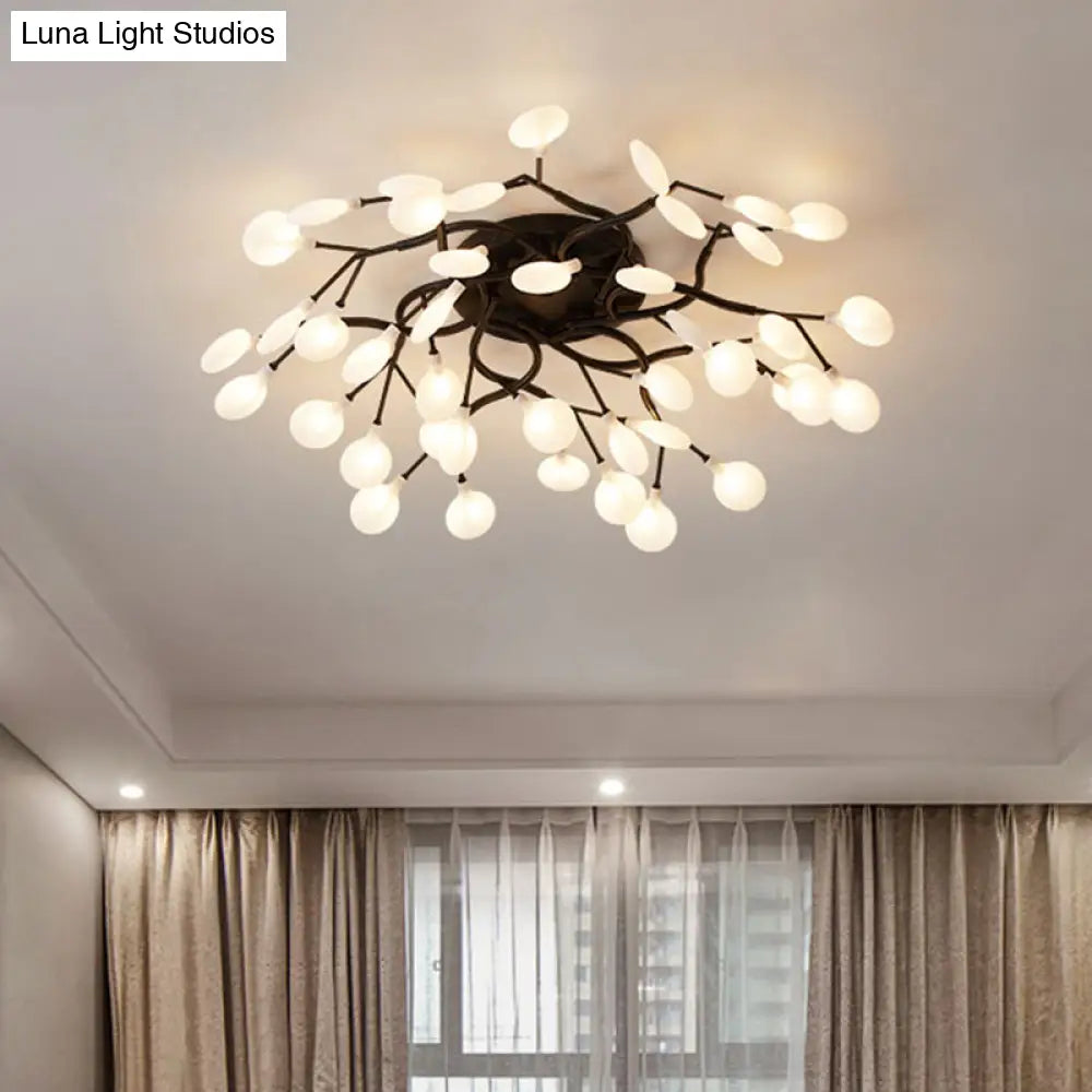 Led Tree Branch Semi Flush Chandelier Light For Living Room With Firefly Shade - Modern Metallic