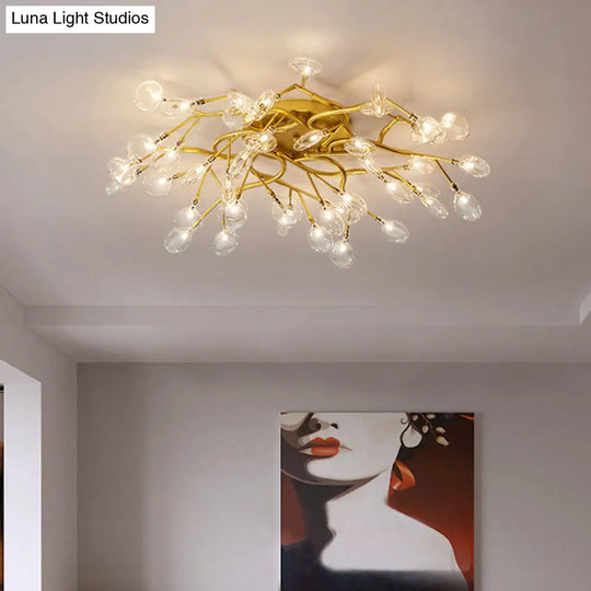 Led Tree Branch Semi Flush Chandelier Light For Living Room With Firefly Shade - Modern Metallic