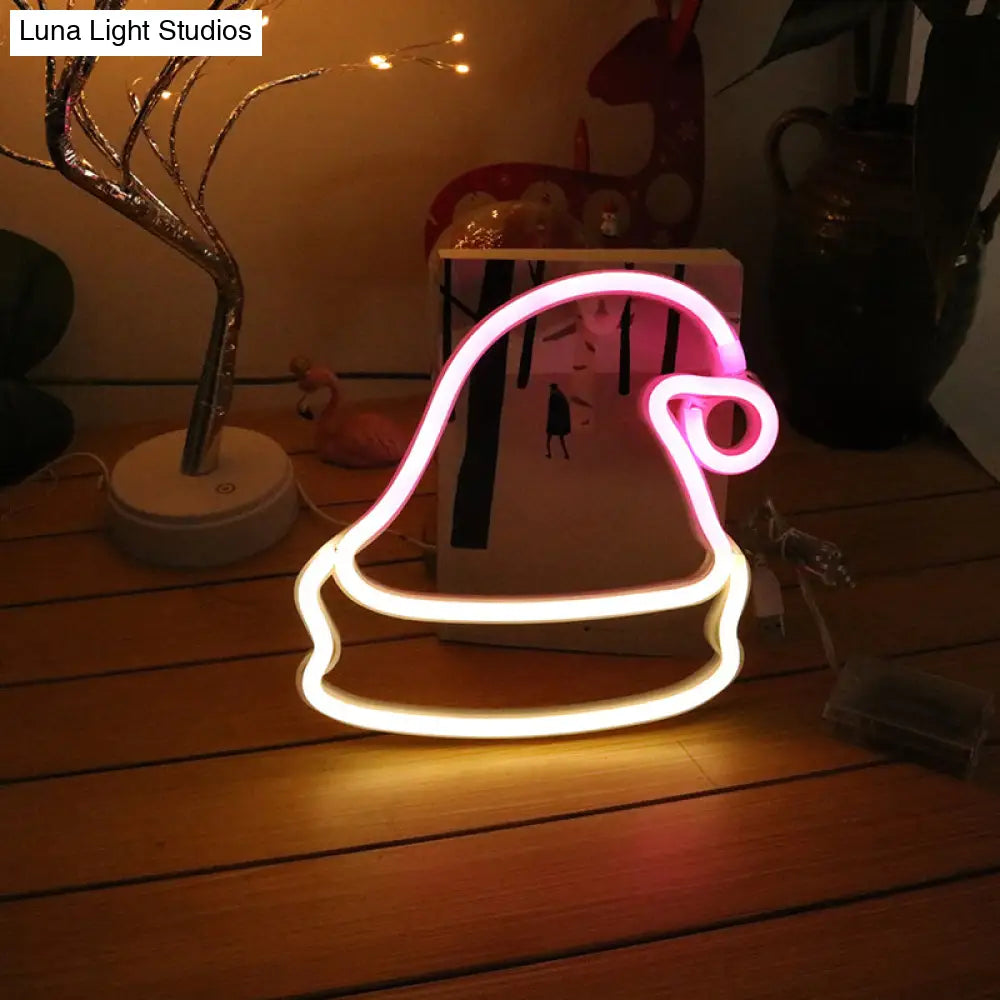 Led White Christmas Hat Wall Light: Festive Battery-Powered Neon Decor