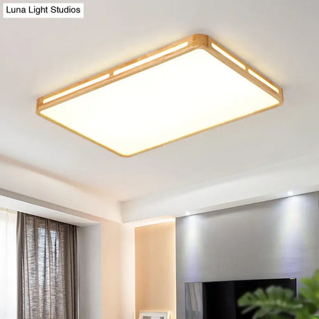Led Wooden Rectangle Flush Mount Ceiling Light With Acrylic Diffuser - Simple Style For Living Room