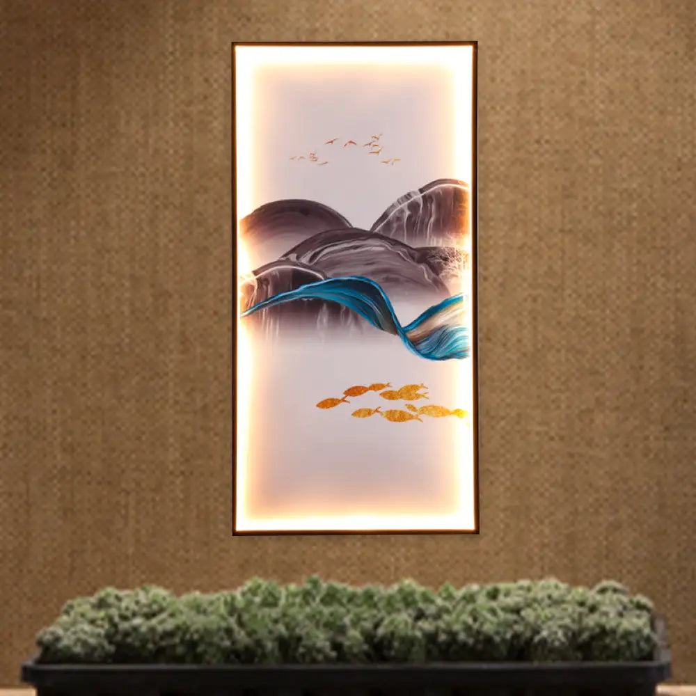 Light Asia Fabric Tearoom Rectangular Wall Mural Led Sconce With Fish/Elk Pattern Blue / Fish