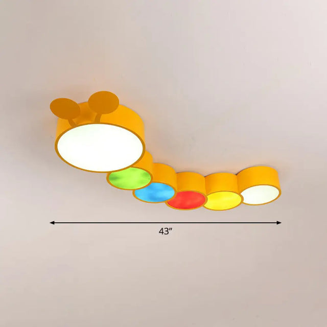 Lighting Up Learning: Yellow Metal LED Flush Mount Fixture with Adorable Cartoon Caterpillar Design for Kindergarten