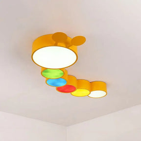 Lighting Up Learning: Yellow Metal LED Flush Mount Fixture with Adorable Cartoon Caterpillar Design for Kindergarten