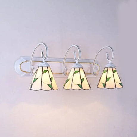 Lily Sconce Light Fixture In Tiffany Blue/Beige Glass - 3-Head White Wall Mounted With Scrolling Arm