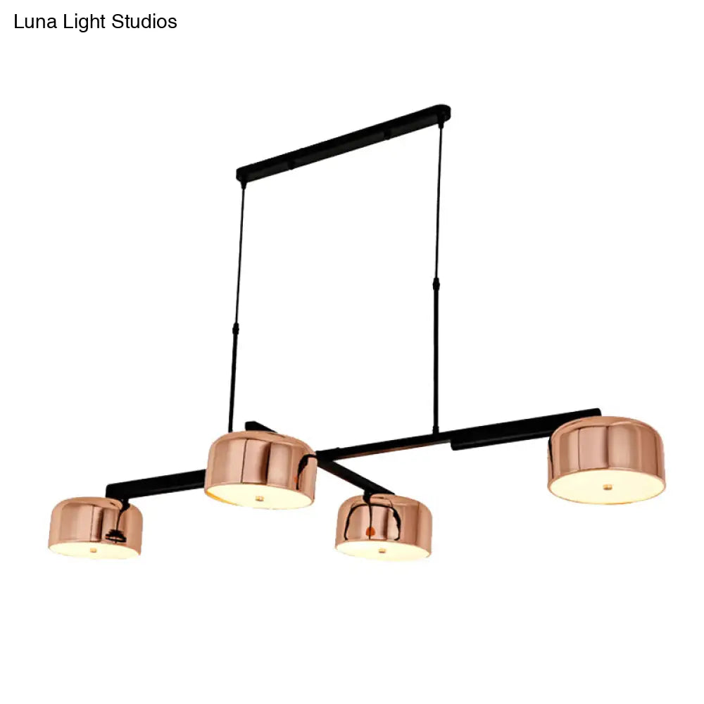Linear Modernist Island Pendant Light With 4 Drum Shades In Black/Rose Gold