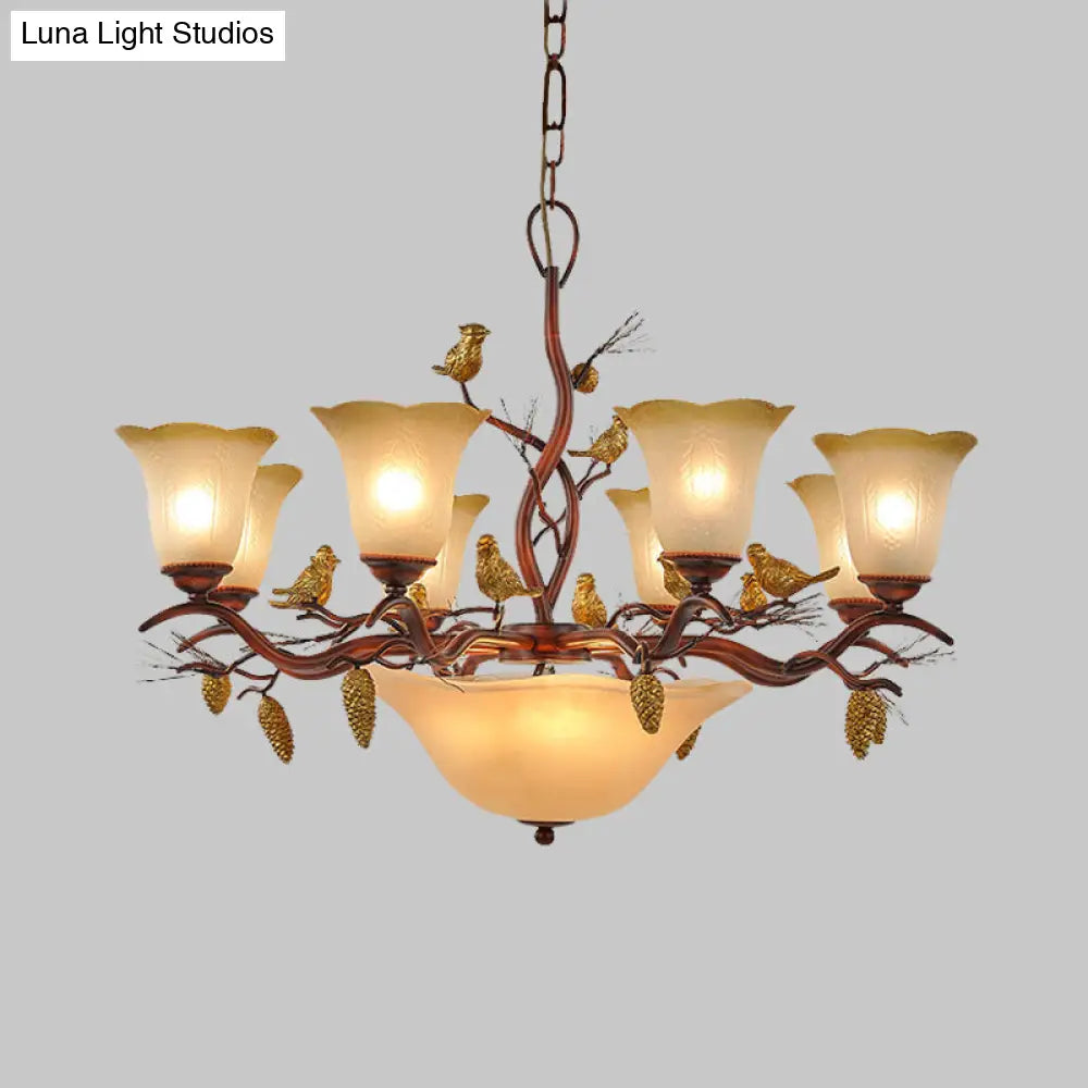 Lodge Bell Living Room Chandelier With Milky Glass Shades - 11 Lights Brown Pendant Lamp