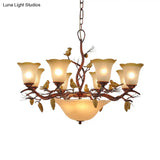 Lodge Bell Living Room Chandelier With Milky Glass Shades - 11 Lights Brown Pendant Lamp