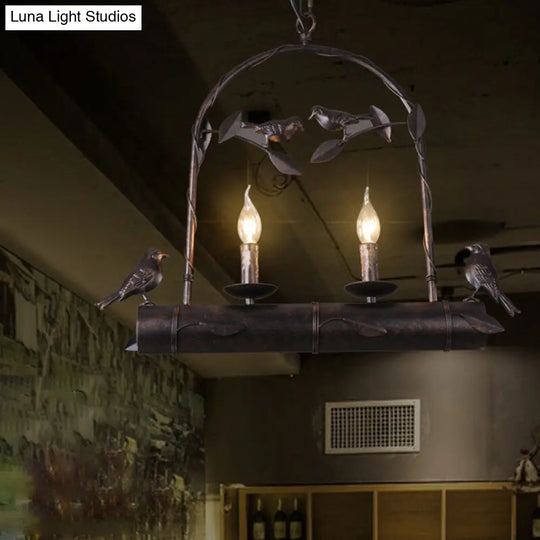 Lodge Birdcage Chandelier Lamp With Flameless Candle - 2-Light Wrought Iron Pendant Lighting In Dark