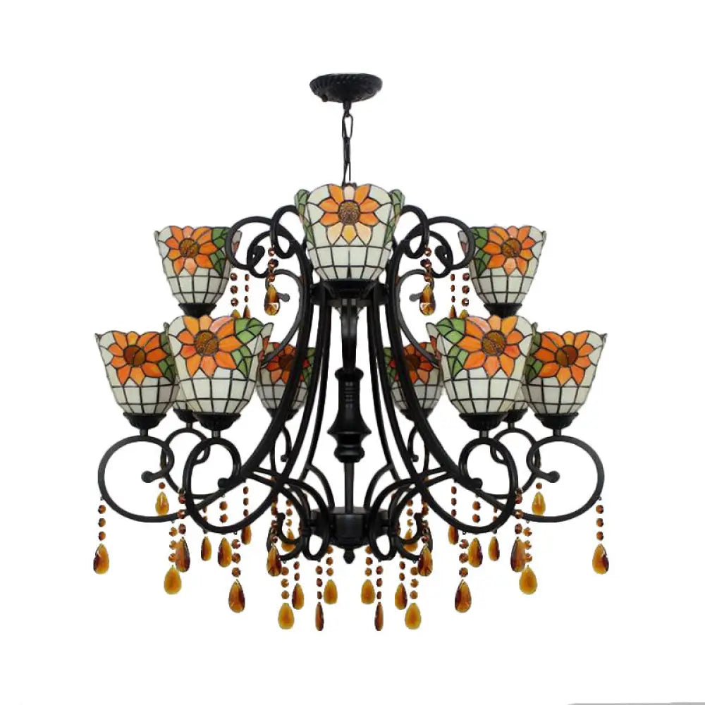 Lodge Bowl Chandelier: Stained Glass Inverted Chandelier With 11 Lights And Crystal In Orange