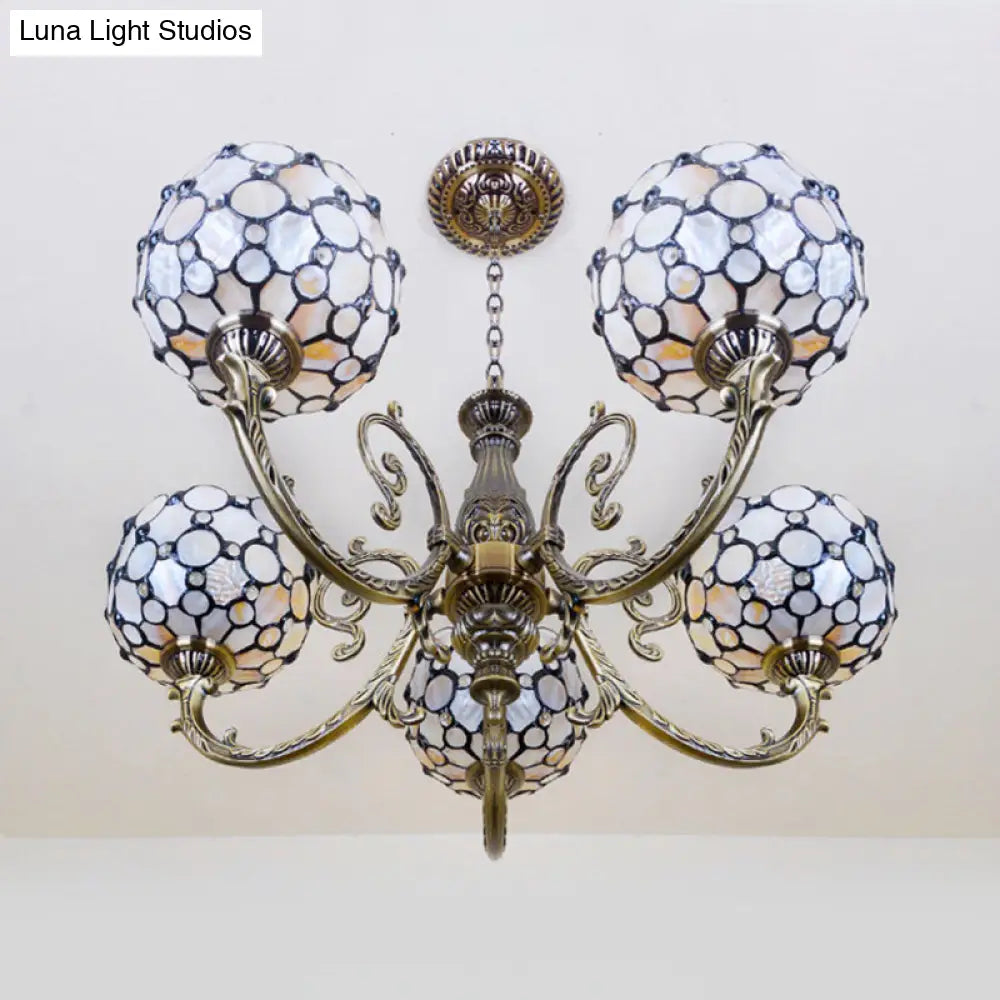Lodge Stained Glass Pendant Chandelier - Bowl Shape 5 Lights White