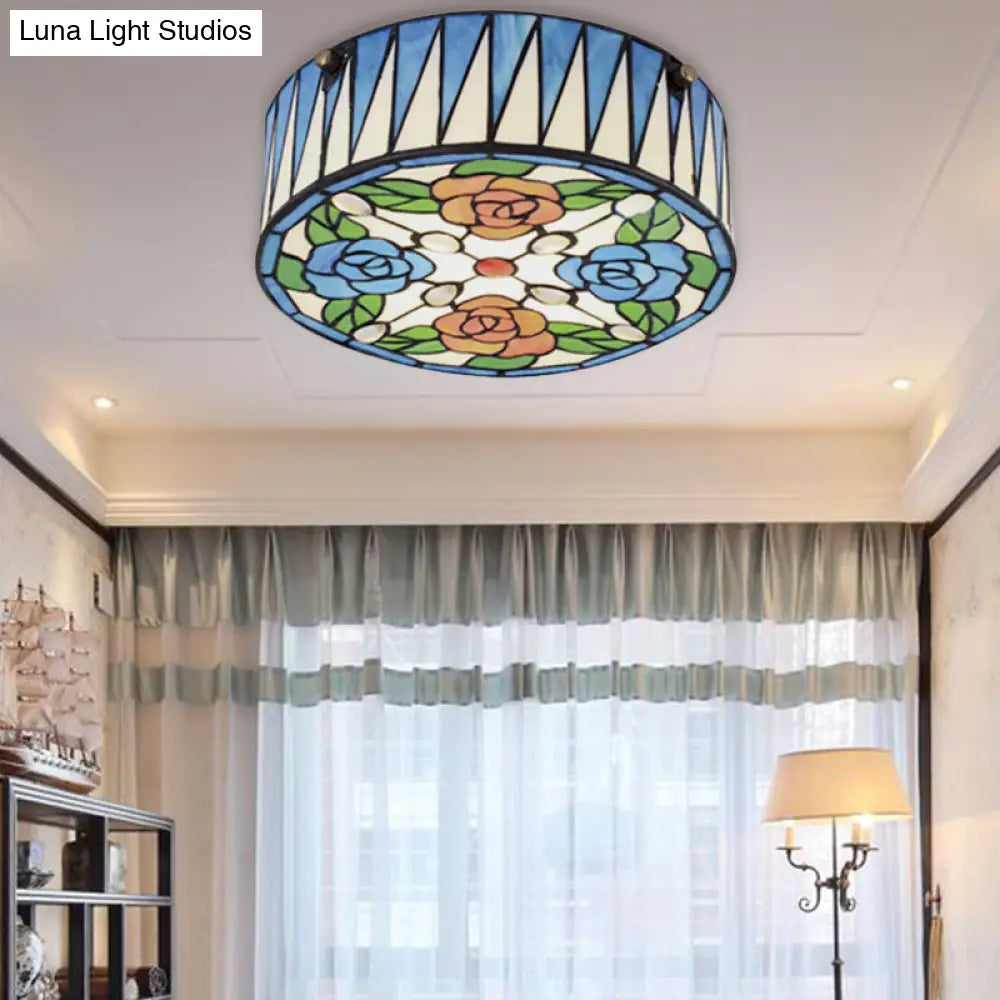 Lodge Ceiling Light: Rose Pattern With Blue Glass Lampshade