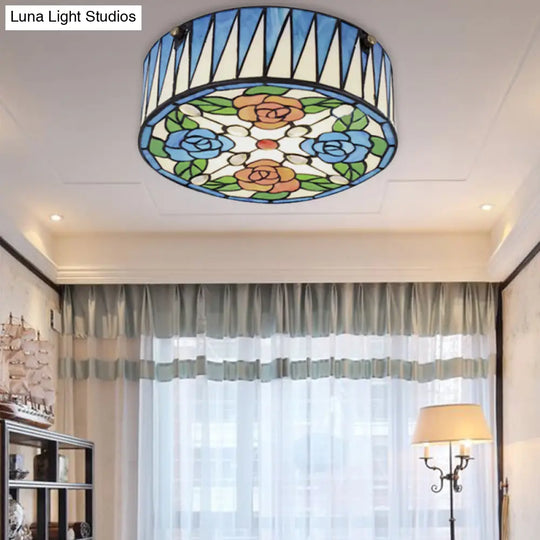 Lodge Ceiling Light: Rose Pattern With Blue Glass Lampshade