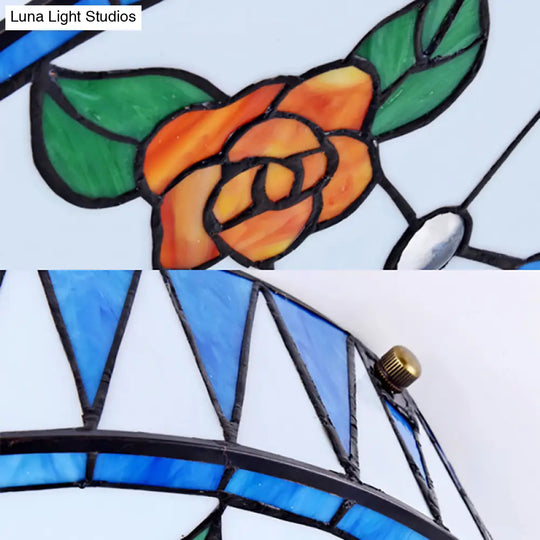 Lodge Ceiling Light: Rose Pattern With Blue Glass Lampshade