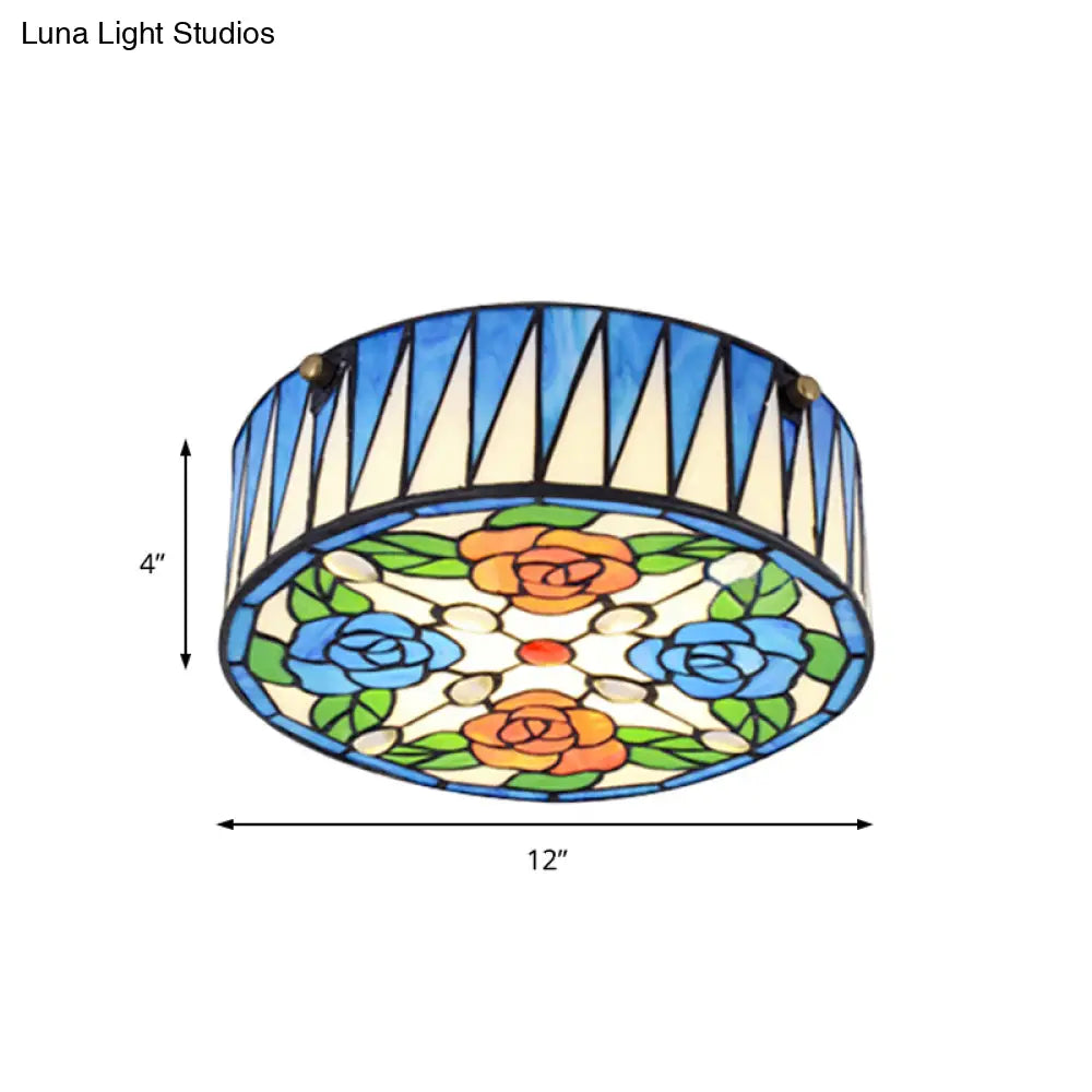 Lodge Ceiling Light: Rose Pattern With Blue Glass Lampshade