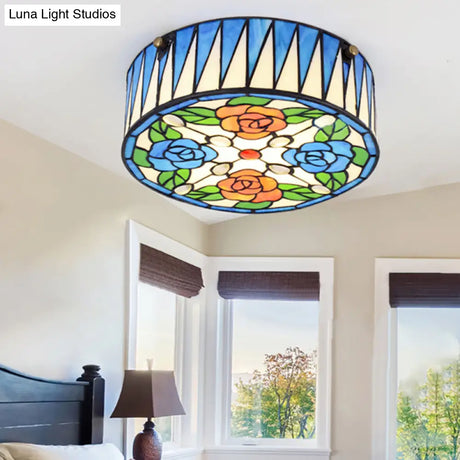 Lodge Ceiling Light: Rose Pattern With Blue Glass Lampshade