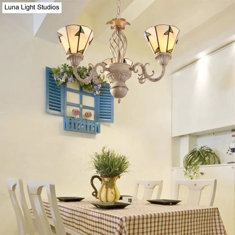 Lodge Conical Pendant Light - Adjustable Chain 3-Light Beige Stained Glass Chandelier