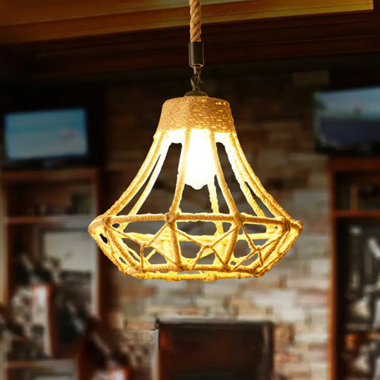Lodge Diamond Pendant Ceiling Light In Brown - 1 Bulb Hemp Hanging For Cafes