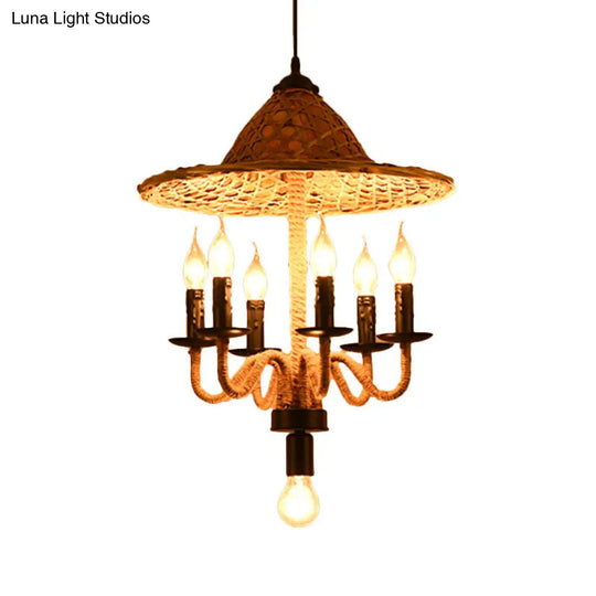 Bamboo-Woven Hat Top Bistro Ceiling Chandelier - Lodge Jute Rope Candle Style 6/7 Bulb Brown Hanging