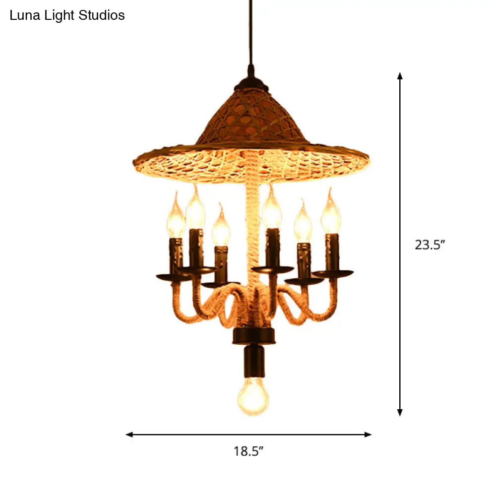 Bamboo-Woven Hat Top Bistro Ceiling Chandelier - Lodge Jute Rope Candle Style 6/7 Bulb Brown Hanging