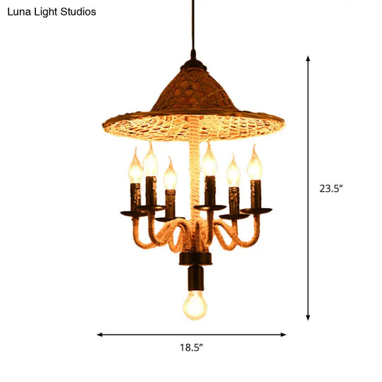 Bamboo-Woven Hat Top Bistro Ceiling Chandelier - Lodge Jute Rope Candle Style 6/7 Bulb Brown Hanging