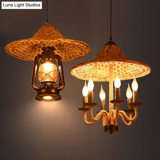 Bamboo-Woven Hat Top Bistro Ceiling Chandelier - Lodge Jute Rope Candle Style 6/7 Bulb Brown Hanging