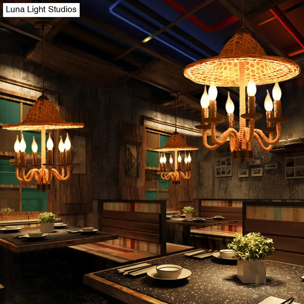 Bamboo-Woven Hat Top Bistro Ceiling Chandelier - Lodge Jute Rope Candle Style 6/7 Bulb Brown Hanging