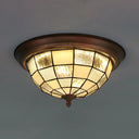 Lodge Stained Glass Bowl Ceiling Light Fixture - 1 Bulb Flushmount In Blue & White
