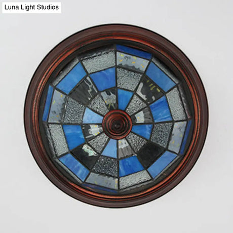 Lodge Stained Glass Bowl Ceiling Light Fixture - 1 Bulb Flushmount In Blue & White