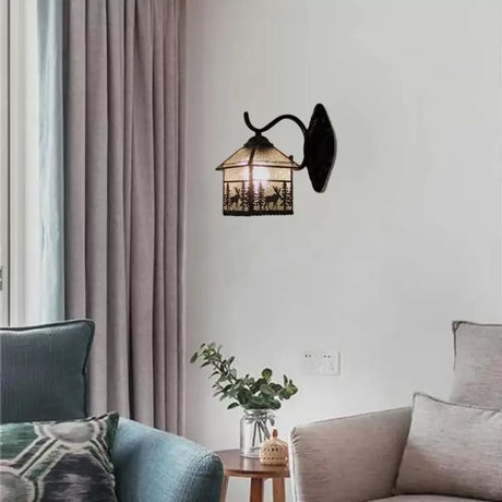 Lodge Stained Glass Wall Sconce With Curved Arm - Mini Mount Light Black